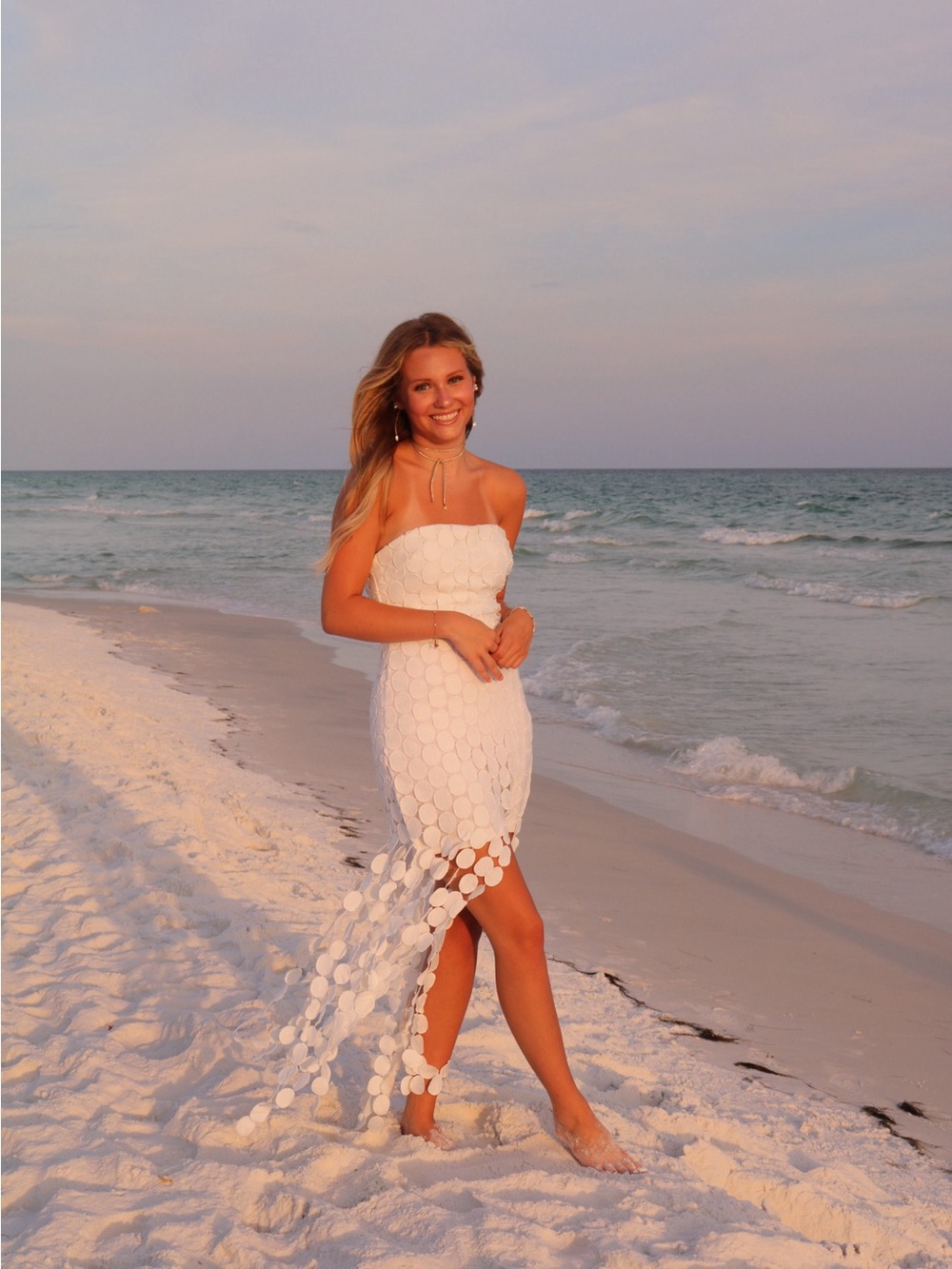 Strapless White Midi Dress with Cascading Circle Detail